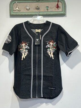 Watson Cherub Embroidered Black denim zip up Baseball Jersey men’s small new top